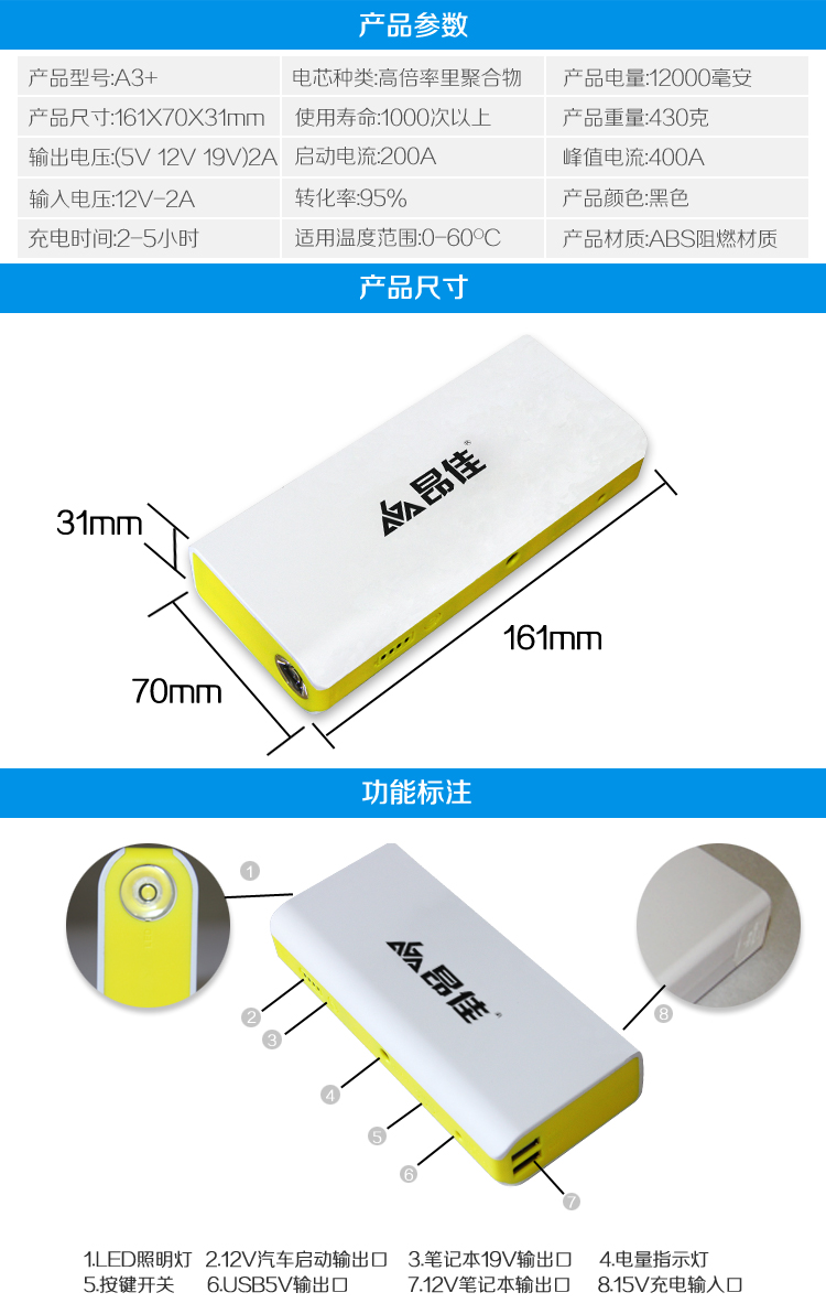 昂佳A3+S汽車應急啟動電源產(chǎn)品參數(shù)